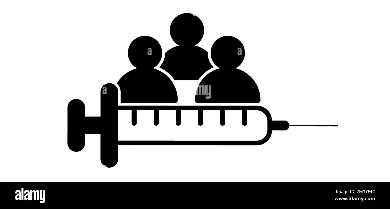 Cartoon stickman, stick figure man and medical syringe and people. Health, immunization symbol or icon. Vaccination of the population, make an injecti Stock Photo