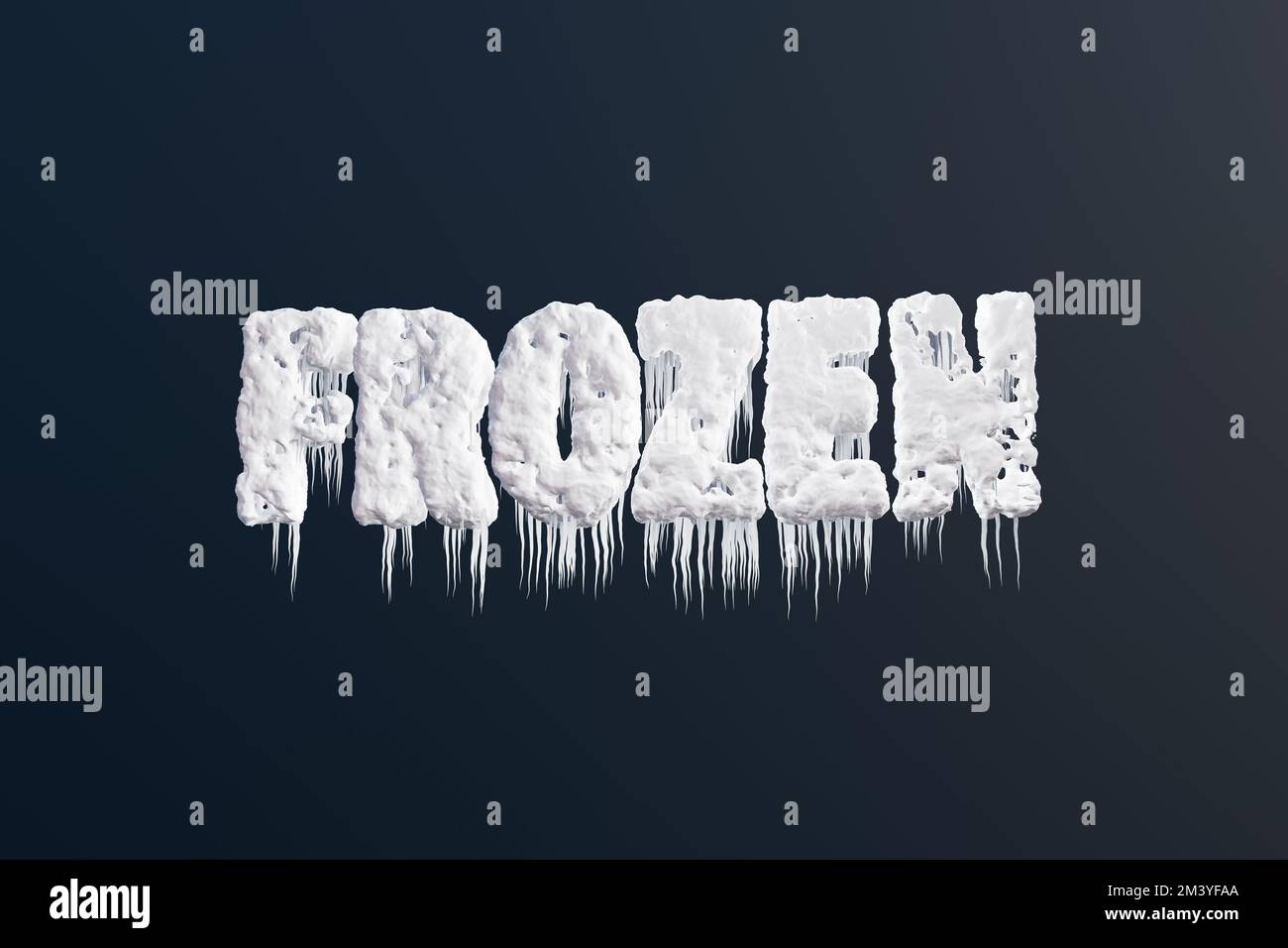 Alphabets FROZEN covered with snow, ice and icicles on dark background. Illustration of the concept of blizzard, winter, coldness and snowfall Stock Photo