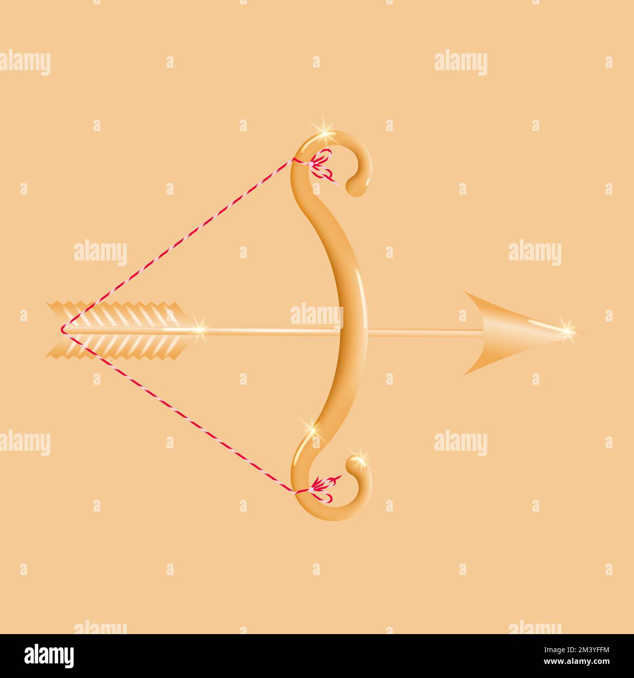 Golden bow with an arrow on a beige background. Cute zodiac sign Sagittarius. Romantic symbol of Valentine's Day. Archery concept. Vector illustration Stock Vector