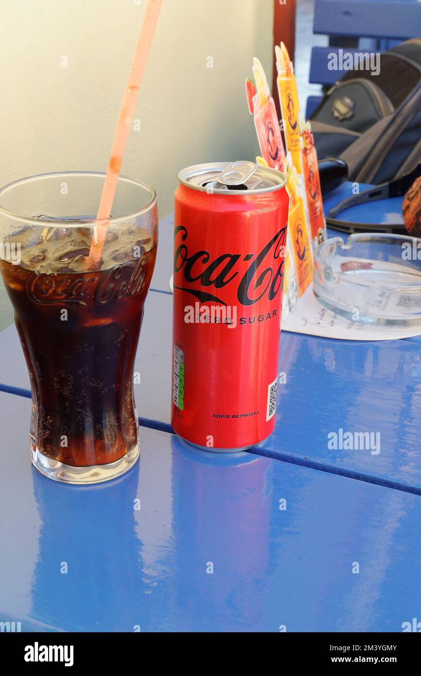 Coca Cola can with Greek writing. September 2022. Greece Stock Photo