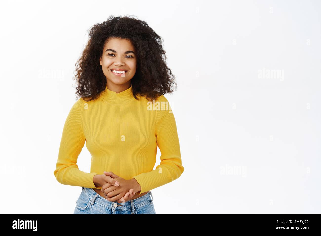 Portrait of beautiful african american girl with curly hair, laughing ...