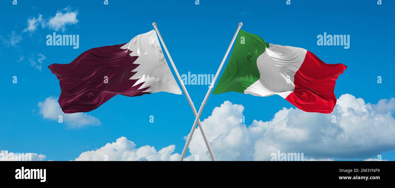 two crossed flags Italy and Qatar waving in wind at cloudy sky. Concept ...