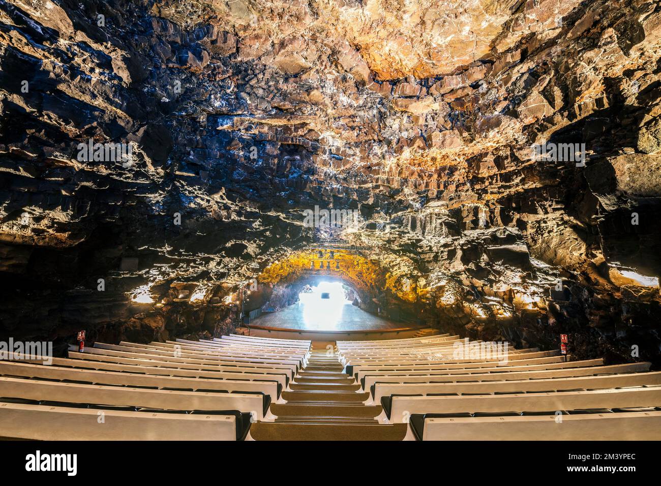 Amazing cave, pool, natural auditorium, salty lake designed by Cesar Manrique in volcanic tunnel called Jameos del Agua in Lanzarote, Canary Islands Stock Photo