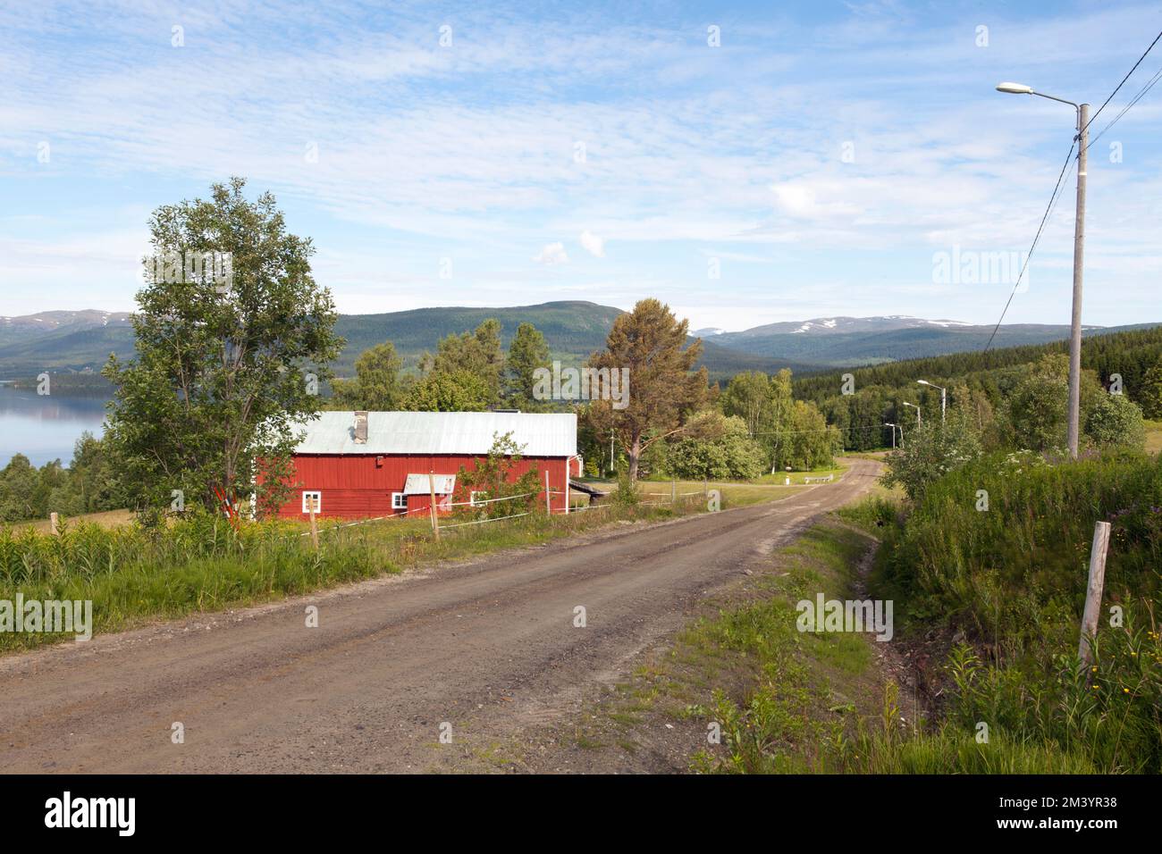 A gravel road through the Nordic countryside. Red barn, meadows, flowers on the roadside, and a
