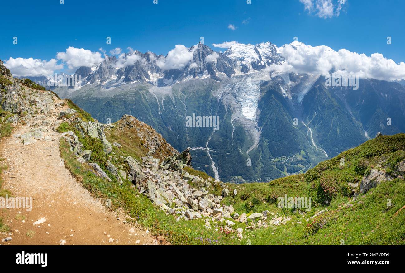 The panorama of Mont Blanc massif and Les Aiguilles towers Stock Photo ...