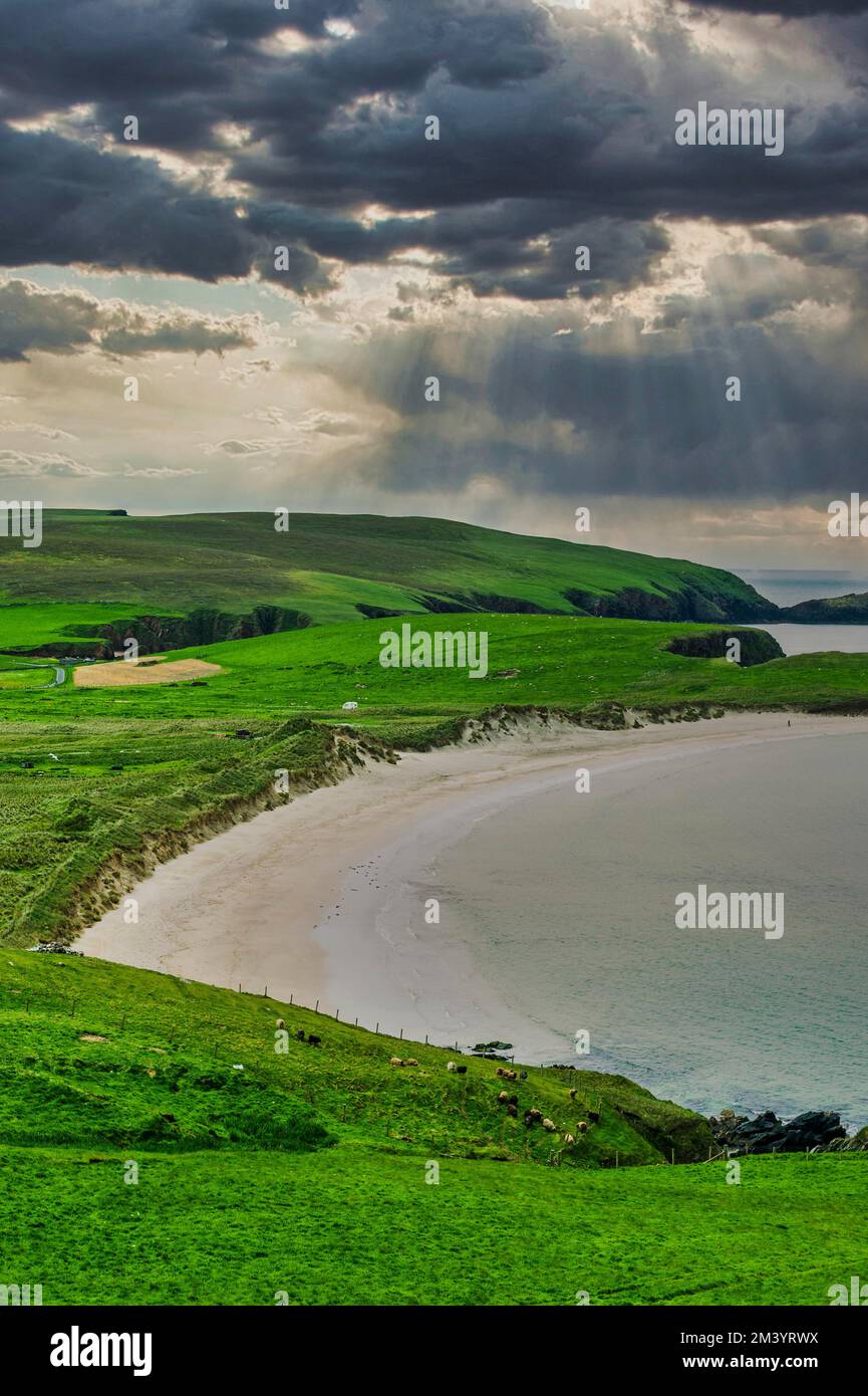 White sand beach near Scousburgh, Shetland islands, United Kingdom Stock Photo