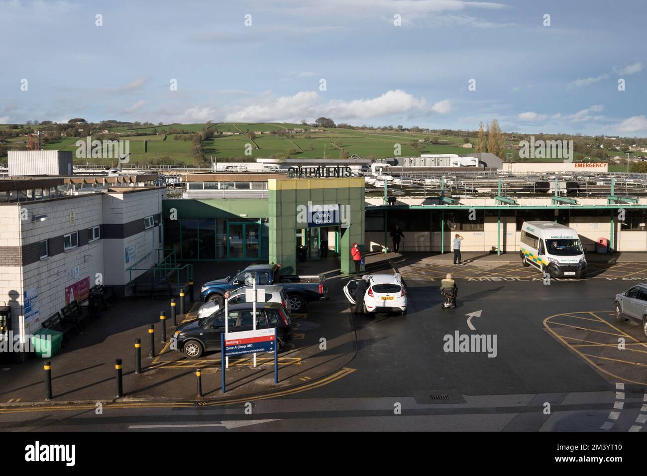 Out-patients entrance, Airedale General Hospital, an NHS Hospital at Steeton with Eastburn near Keighley, West Yorkshire. Stock Photo