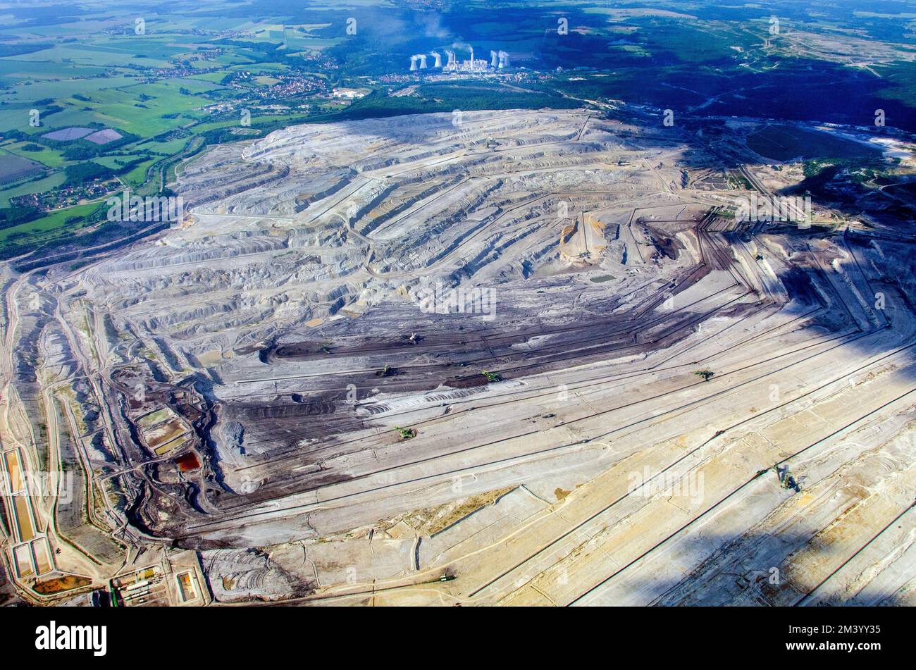 Aerial view of the Turow opencast mine, Turow, lignite, Energie, environment, pollution, border triangle, PGE Gornictwo i Energetyka Stock Photo