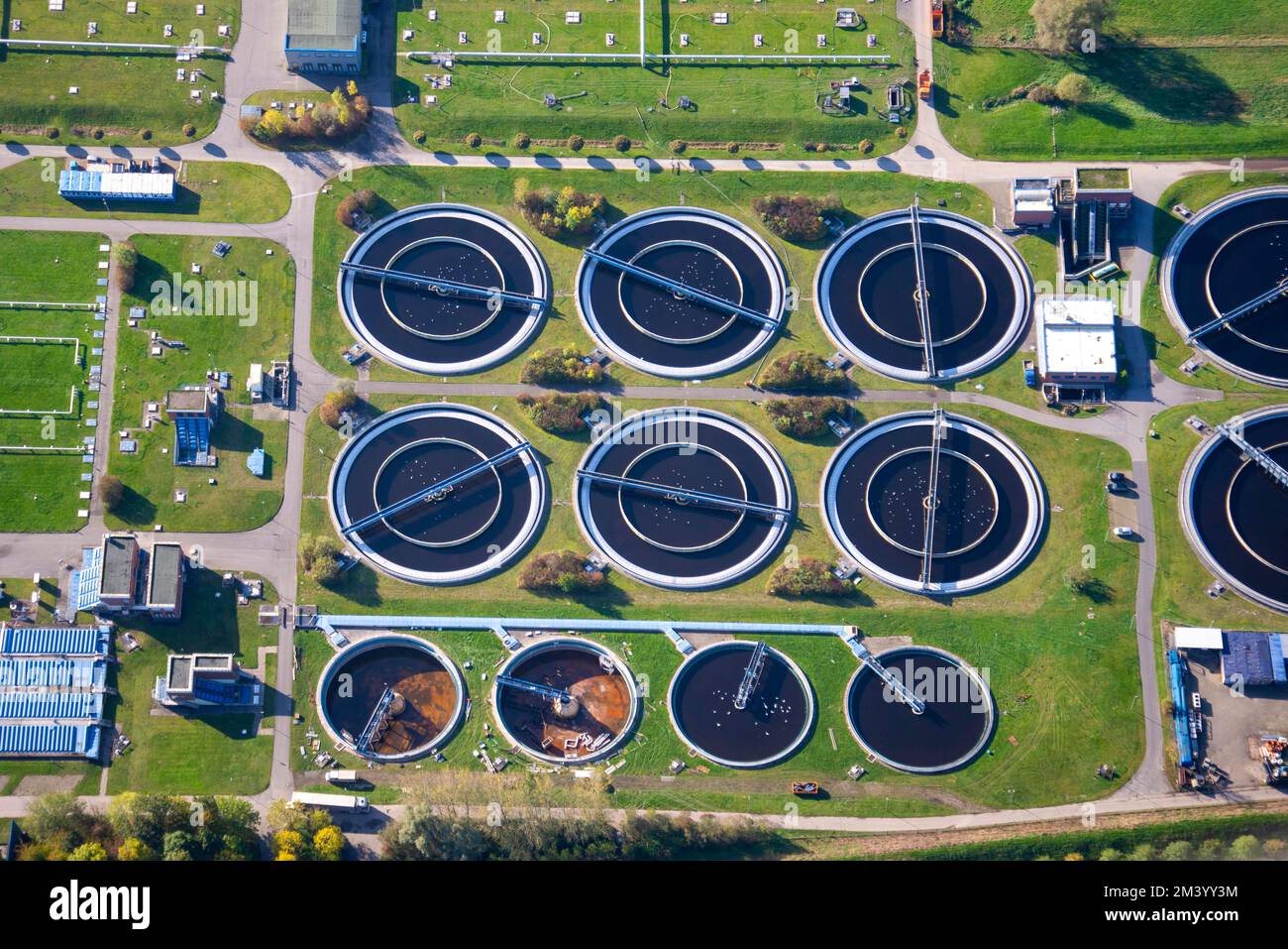 Aerial view of the Hetlingen sewage treatment plant, wastewater treatment, clarifier, water