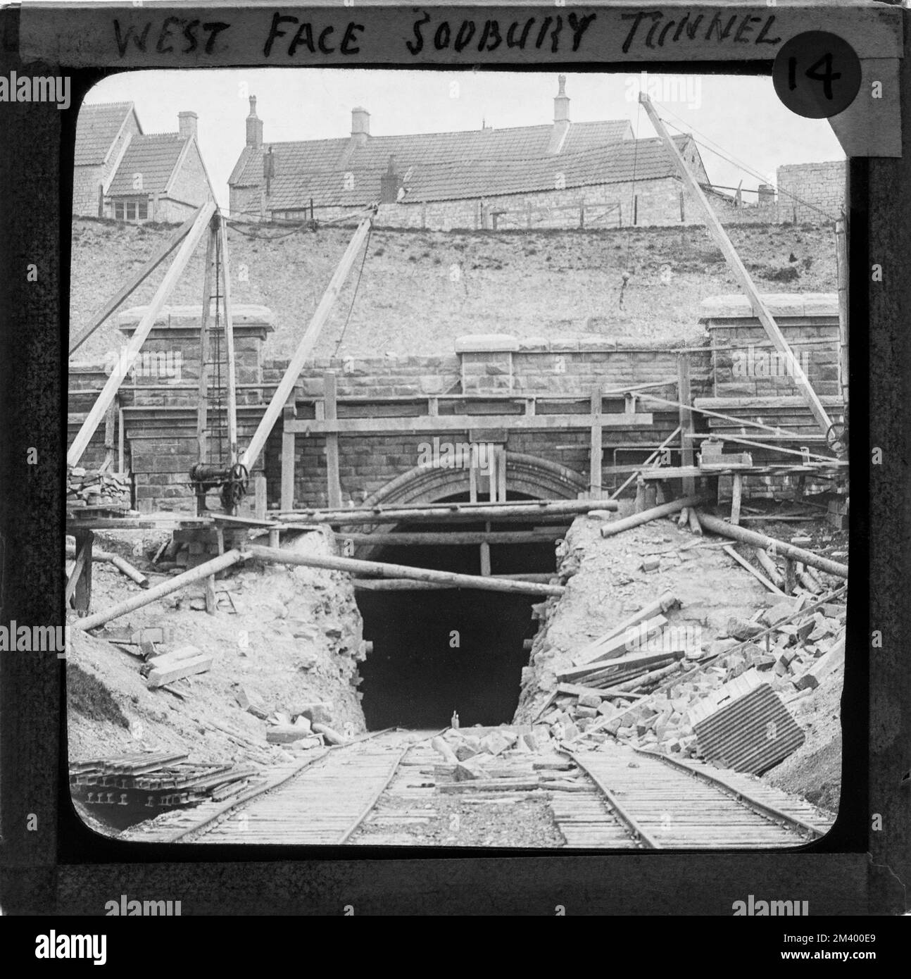 Digitised archive copy of an original glass Magic Lantern slide, labelled West Face Sodbury Tunnel.  Photographer unknown.  Shows construction of Chipping Sodbury Tunnel on the Great Western Railway.  Now part of the South Wales Main Line.  c 1900 Stock Photo