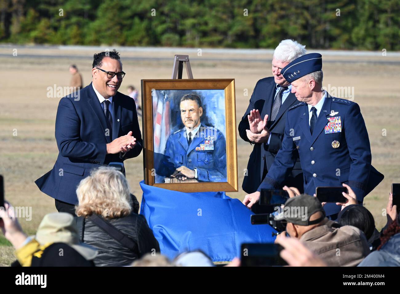 Kill Devil Hills, NC, USA, 17th December 2022, the portrait of General Benjamin O. Davis Jr. who commanded the Tuskeege Airmen is unveiled by Doug Melville and Gen. Mark D. Kelly at the 119th anniversary of the Wright Brothers first powered flight. Credit D Guest Smith / Alamy Live News Stock Photo