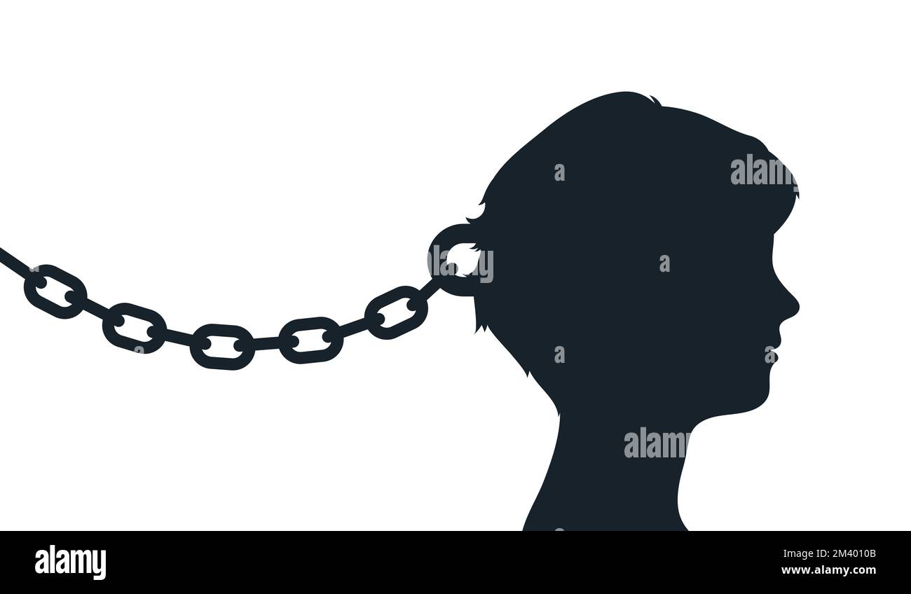 Human head locked in chains. Woman chained to a wall. Vector illustration concept about fixed mindset and negative thinking or slavery. Stock Vector