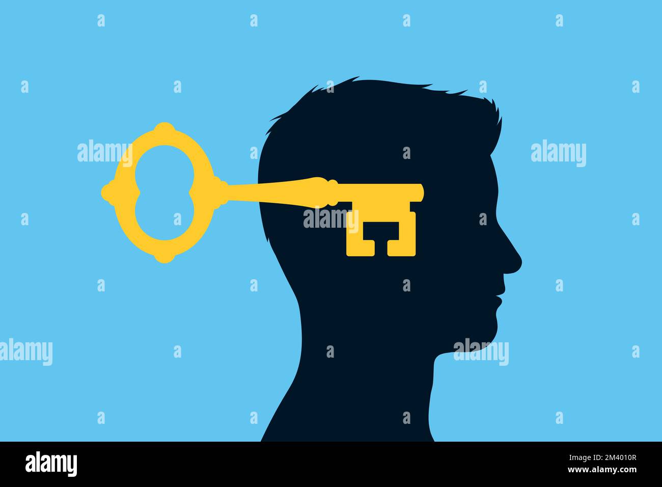 Key unlocking male head. Concept of therapy, psychology, open mind