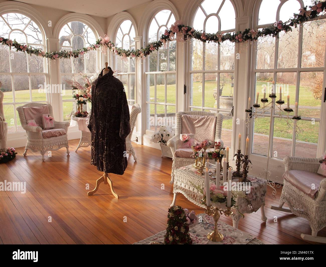 Ringwood Manor State Park in Ringwood New Jersey at the annual Victorian Christmas display showcasing the manor house and decorations. Stock Photo