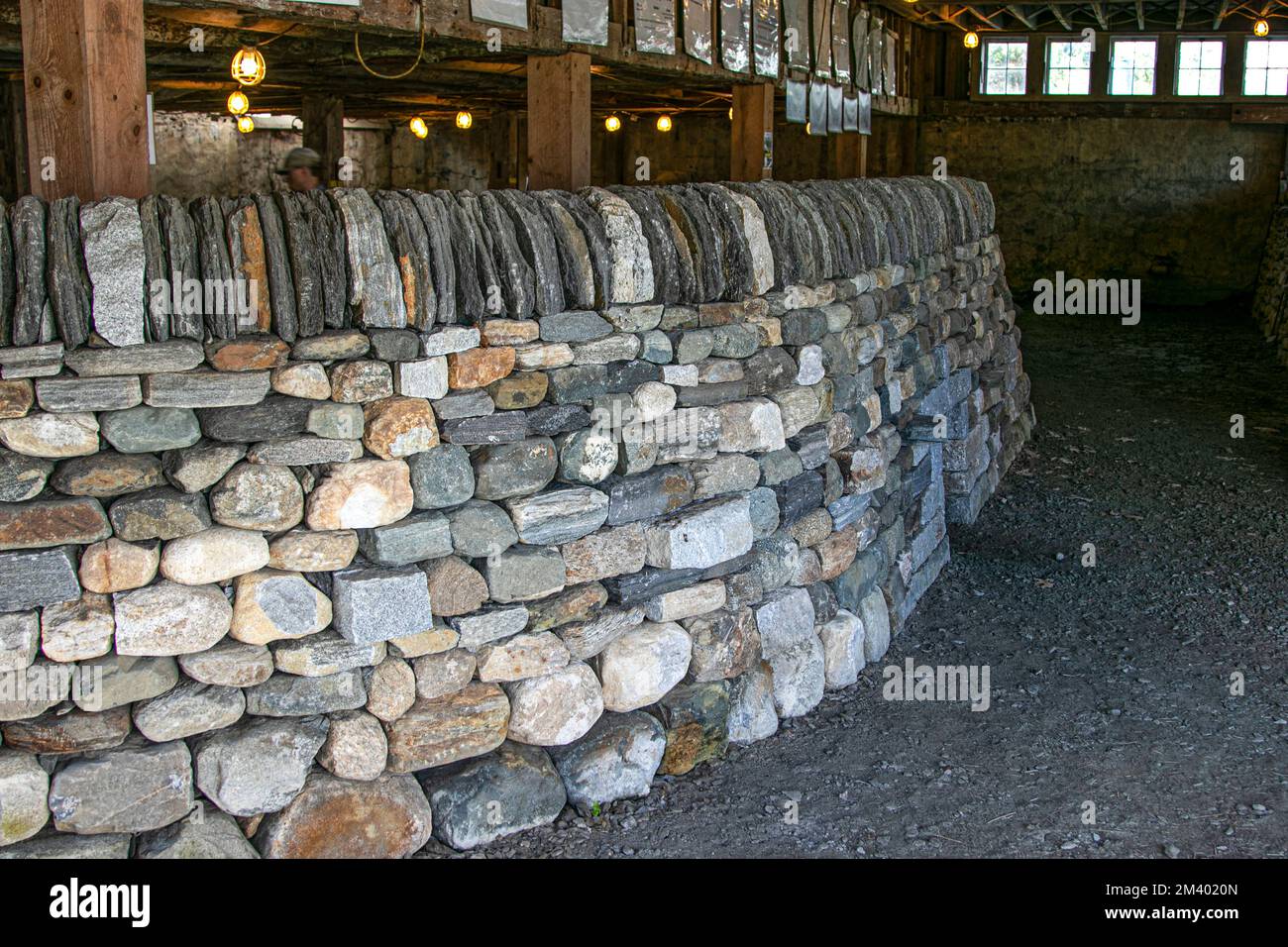 USA, Vermont, Brattleboro, Scott farm, landmark Trust, Stone Foundation, stone wall building, unmortared , stone walls, rock walls, teaching, learning Stock Photo