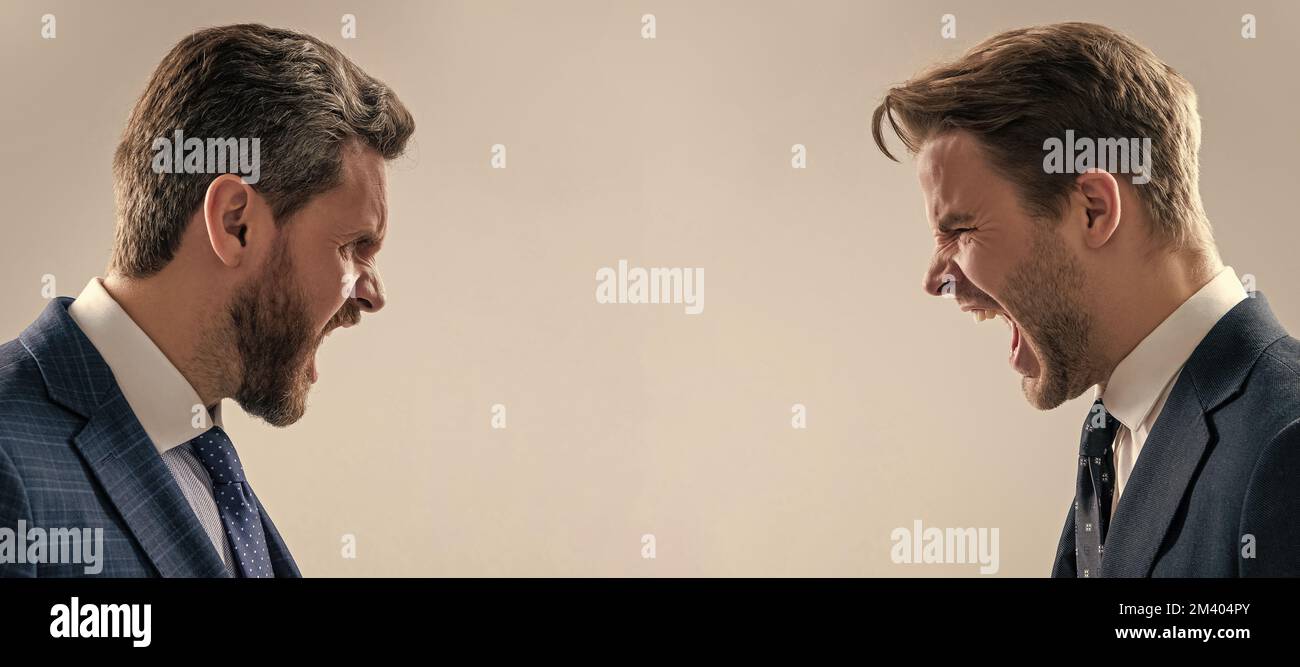 Man face portrait, banner with copy space. arguing businesspeople ...
