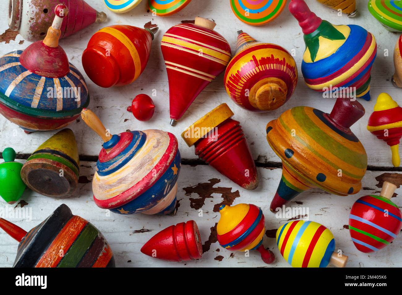 Wooden Toy Tops Still life Stock Photo Alamy