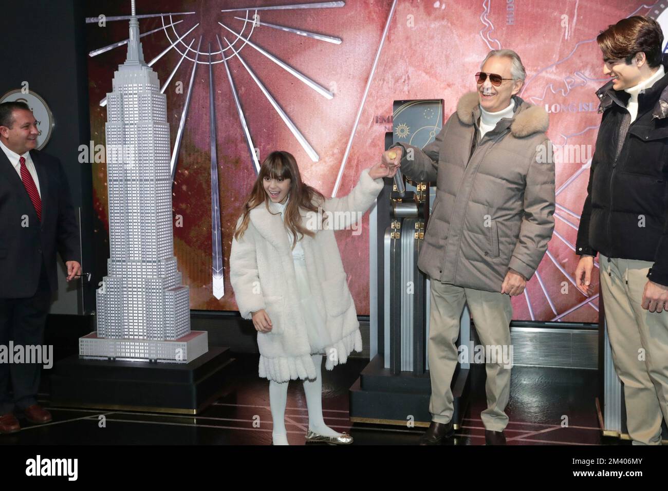 Empire State Building, New York, USA, December 12, 2022 - Andrea Bocelli, with wife Veronica Berti Bocelli and Children Matteo Bocelli, Virginia Bocelli, participate in the ceremonial lighting of the Empire State Building in honor of the Andrea Bocelli Foundations Voices of charity Today in New York City. Photo: Giada Papini Rampelotto/EuropaNewswire PHOTO CREDIT MANDATORY. Stock Photo