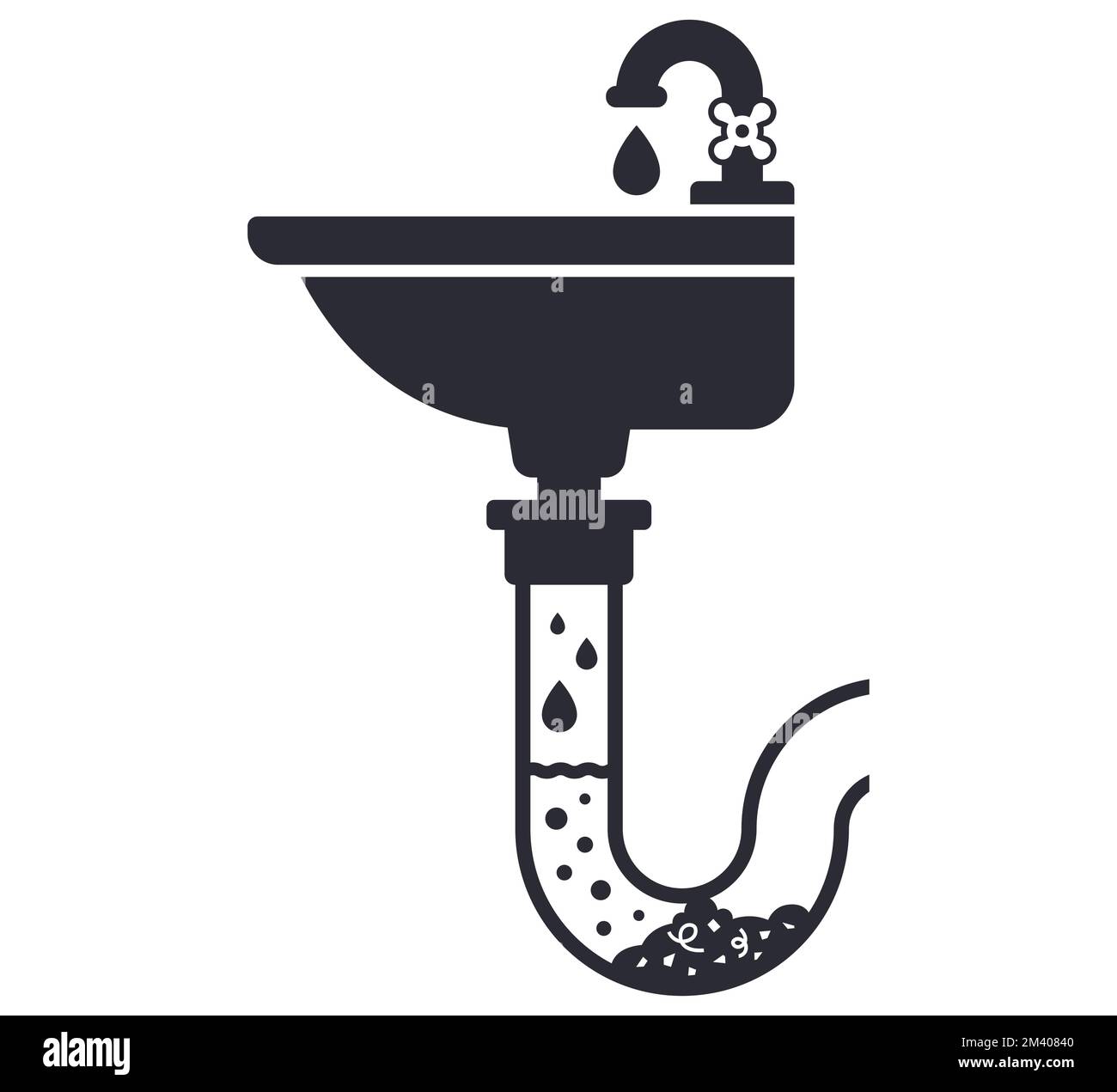 black icon clogged sink pipes. flat vector illustration. Stock Vector