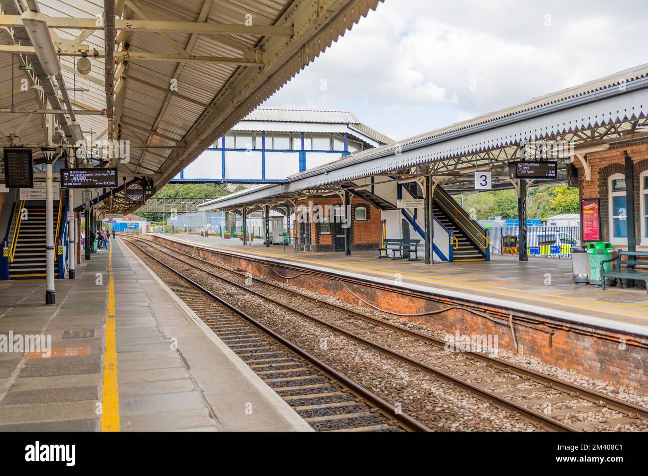 Truro Train Station with an Empty Platform and No Trains. Empty Benches