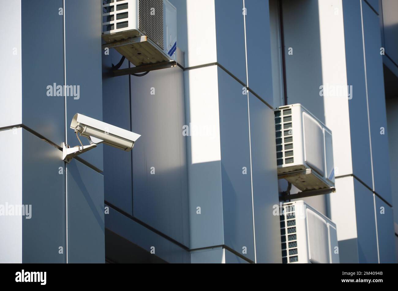 Many HVAC air conditioning and ventilation systems on wall. Outdoor Air conditioning units