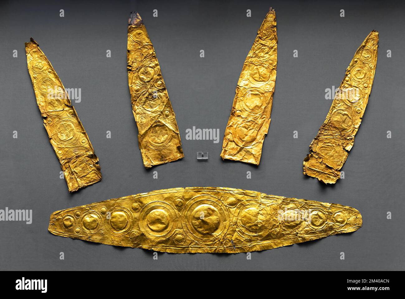 Jewel from Mycenae (Mykines) in National Archaeological Museum, Athens, Greece. Ancient Greek gold jewelry, patterned crown. Theme of history, artifac Stock Photo