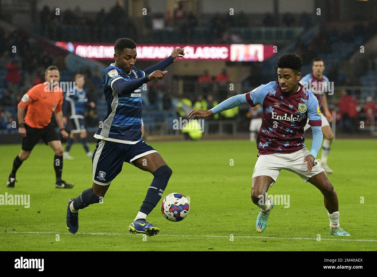 Burnley, Lancashire, UK. 17th December 2022: Turf Moor, Burnley, Lancashire, England; Championship Football, Burnley versus Middlesbrough; Isaiah Jones of Middlesbrough clears the ball away Credit: Action Plus Sports Images/Alamy Live News Stock Photo