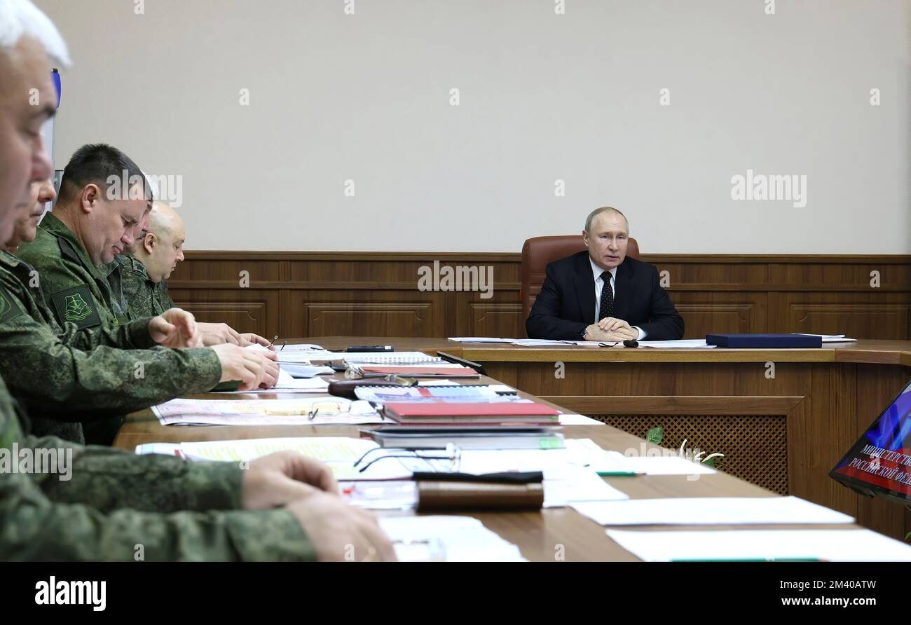 Russian President Vladimir Putin spent all day on Friday 16 December 2022 working at the joint staff of military branches involved in the special military operation.  The head of state was briefed about the work of the joint staff and on the progress made in the special military operation, held a general meeting and separate meetings with commanders. Stock Photo