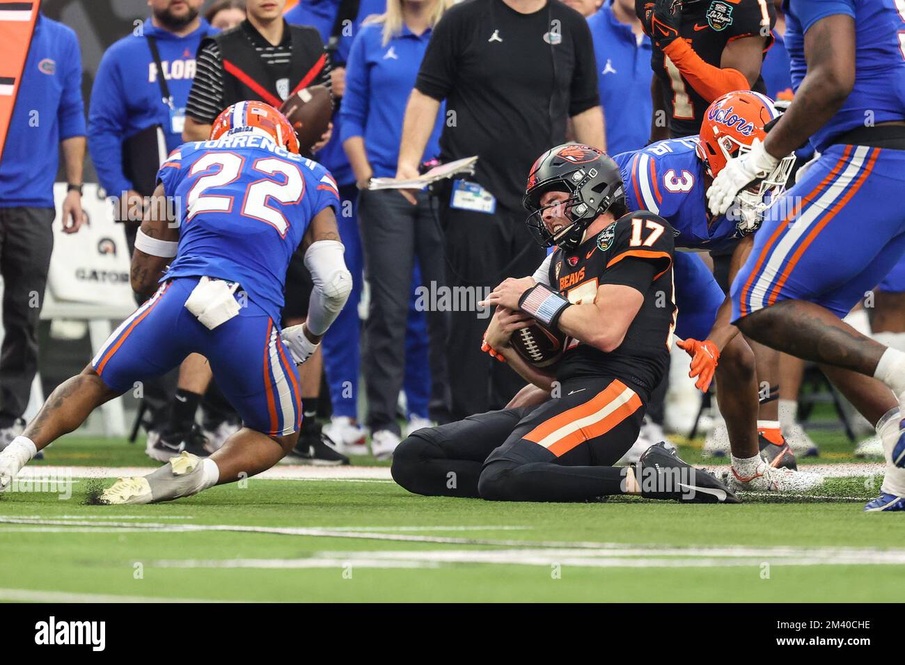 Las Vegas, NV, USA. 17th Dec, 2022. Oregon State Beavers quarterback Ben Gulbranson (17) slides after running with the football during the second half of the SRS Distribution Las Vegas Bowl featuring the Florida Gators and the Oregon State Beavers at Allegiant Stadium in Las Vegas, NV. Christopher Trim/CSM/Alamy Live News Stock Photo