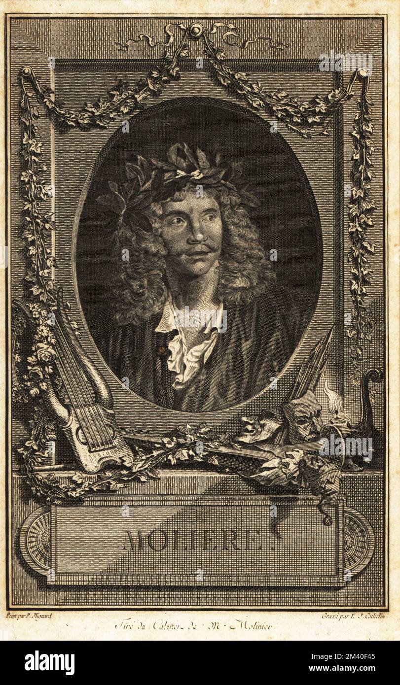 Oval portrait of Moliere, Jean-Baptiste Poquelin, French actor, poet and playwright, 1622-1673. Moliere in a laurel wreath, frame with festoons, lyre, darts, oil lamp, dramatic masks, fool's marotte, etc. Copperplate engraving by Louis-Jacques Cathelin after a portrait by Pierre Mignard, taken from the cabinet of Melinier, published as the frontispiece to Bret's Oeuvres de Moliere avec des remarques grammaticales, La compagnie des libraires associes, Paris, 1773. Stock Photo