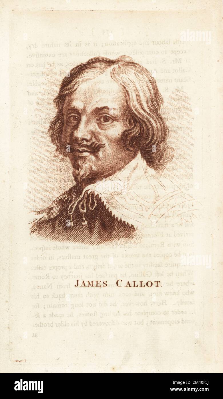 James Callot or Jacques Callot, Baroque printmaker and draftsman, c.1592-1635. Copperplate stipple engraving after a portrait by Sir Anthony van Dyck from Francis Fitzgerald’s The Artist’s Repository and Drawing Magazine, Charles Taylor, London, 1785. Stock Photo