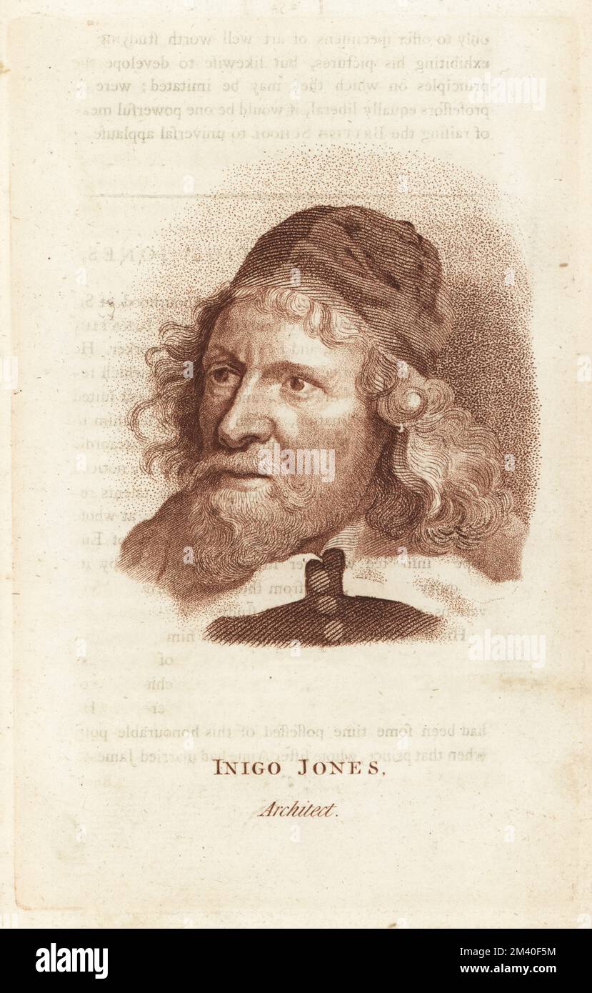 Inigo Jones, English architect, first to employ Vitruvian rules of proportion and symmetry, 1573-1652. Copperplate stipple engraving after a portrait by Sir Anthony van Dyck from Francis Fitzgerald’s The Artist’s Repository and Drawing Magazine, Charles Taylor, London, 1785. Stock Photo