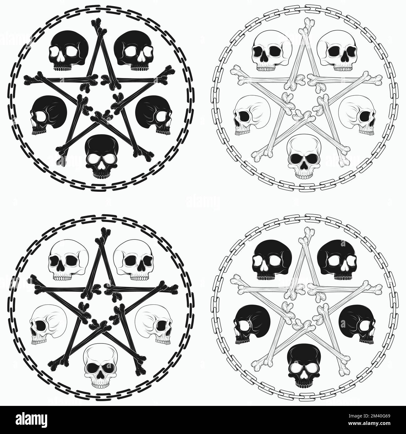 Vector illustration of skulls with bone stara surrounded by a chain circle, in grayscale Stock Vector