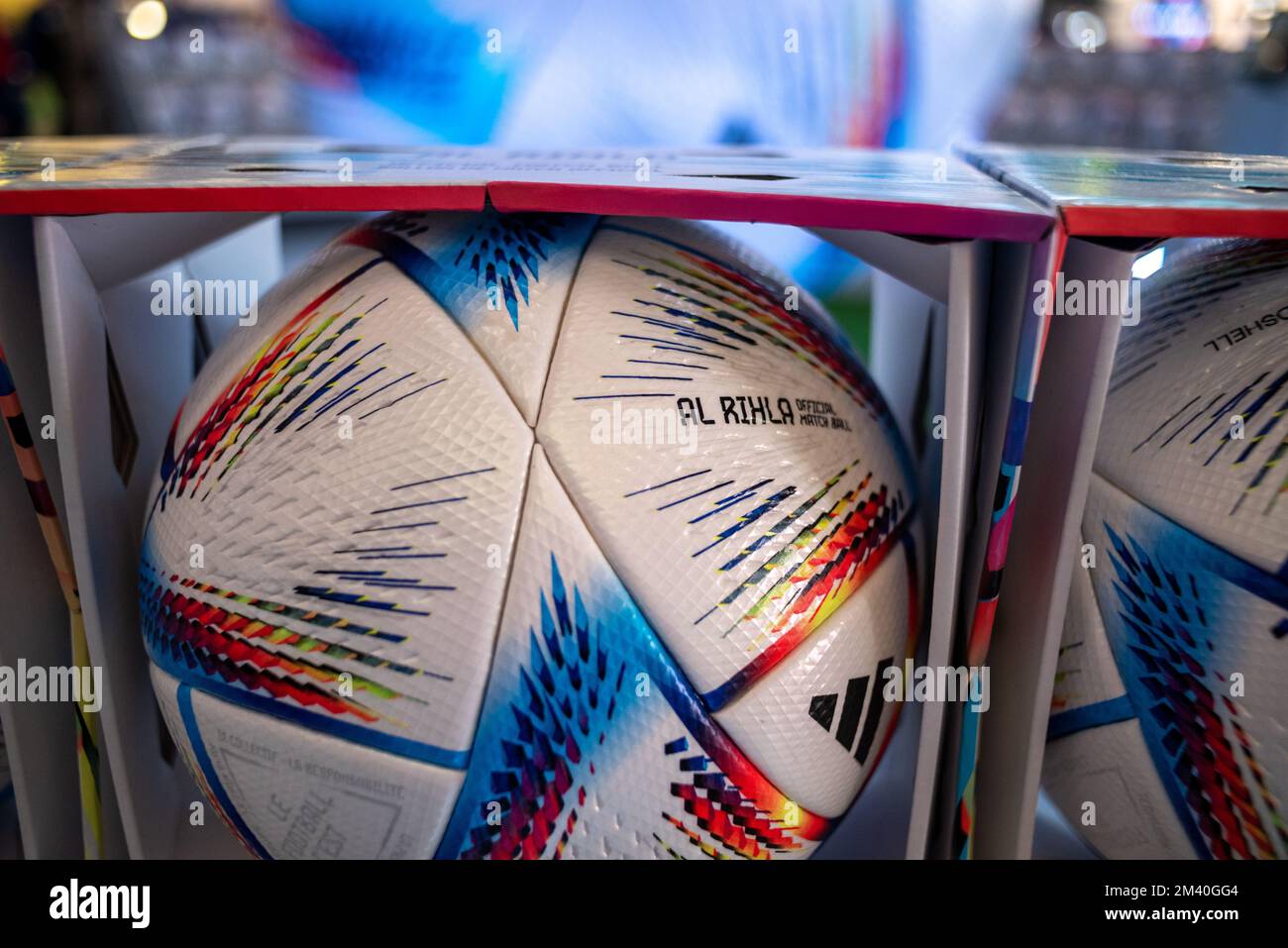 Adidas Al Rihla the official match ball of the 2022 FIFA World Cup in Qatar displayed at the Hamad International Airport in Doha, Qatar on 3 December Stock Photo