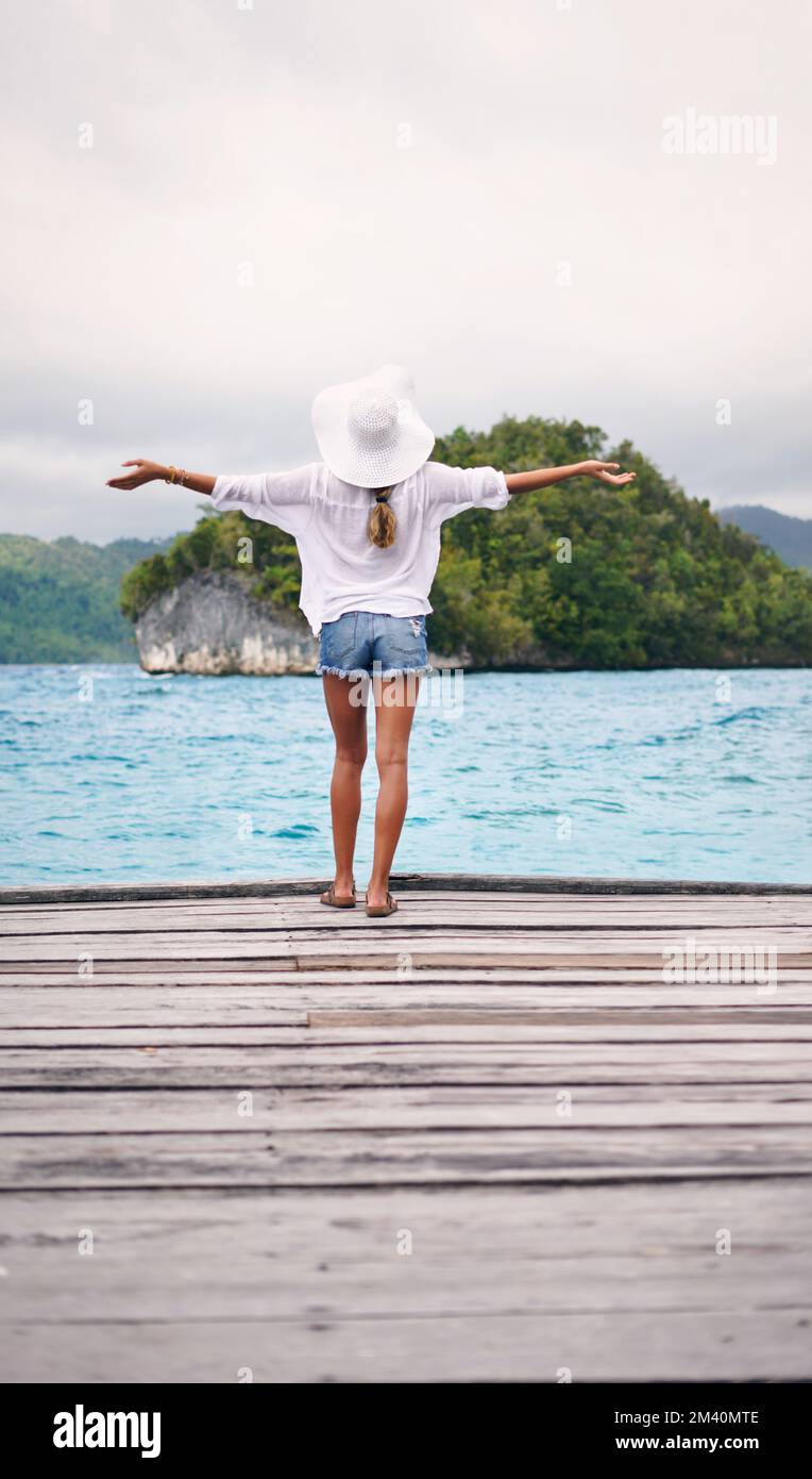 Enjoying this beautiful world we live in. Rearview shot of an unrecognizable woman standing with her arms raised on a boardwalk overlooking the sea Stock Photo