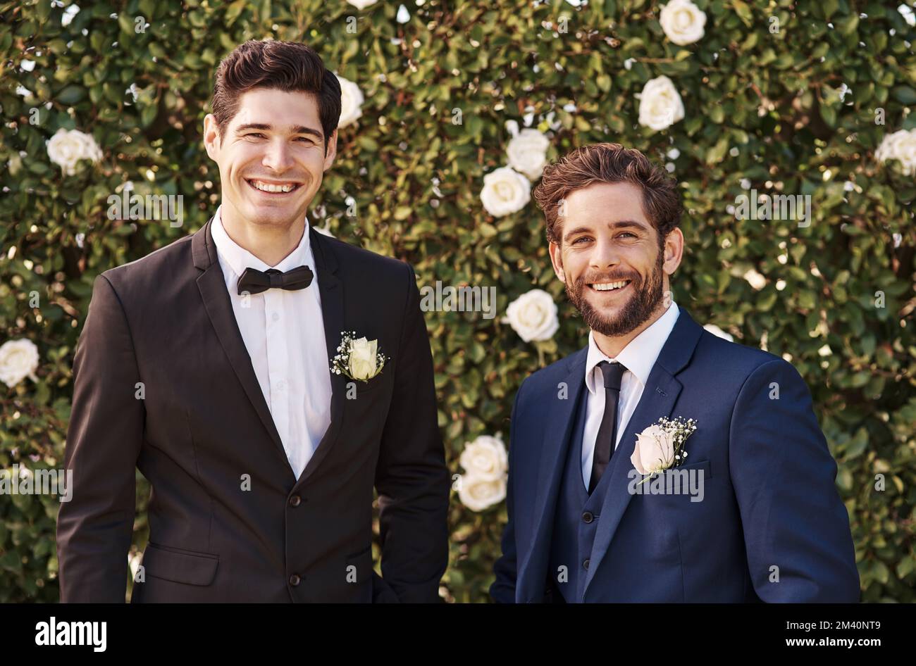 Hes going to stand by me as I say my vows. Cropped portrait of a handsome young bridegroom smiling while standing with his best man on his wedding day Stock Photo