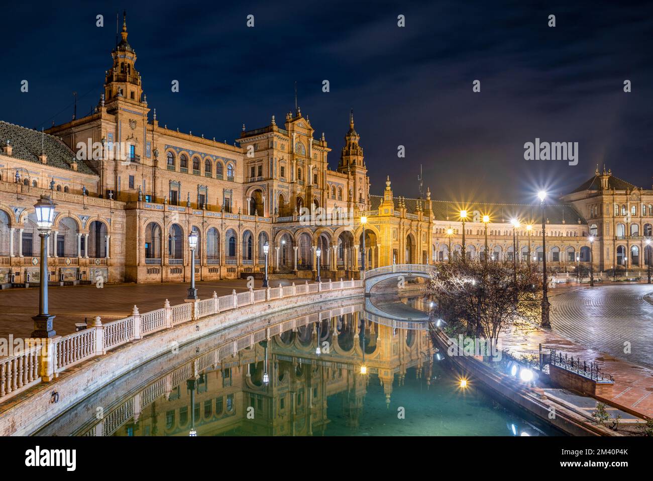 Night view of the Plaza de Espana Spanish Square in Sevilla Spain on 7 December 2022 Stock Photo