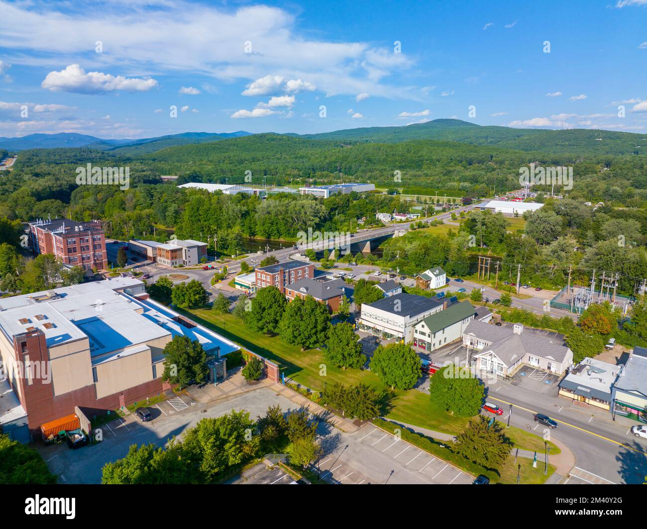 Main Street aerial view with White Mountain National Forest at the