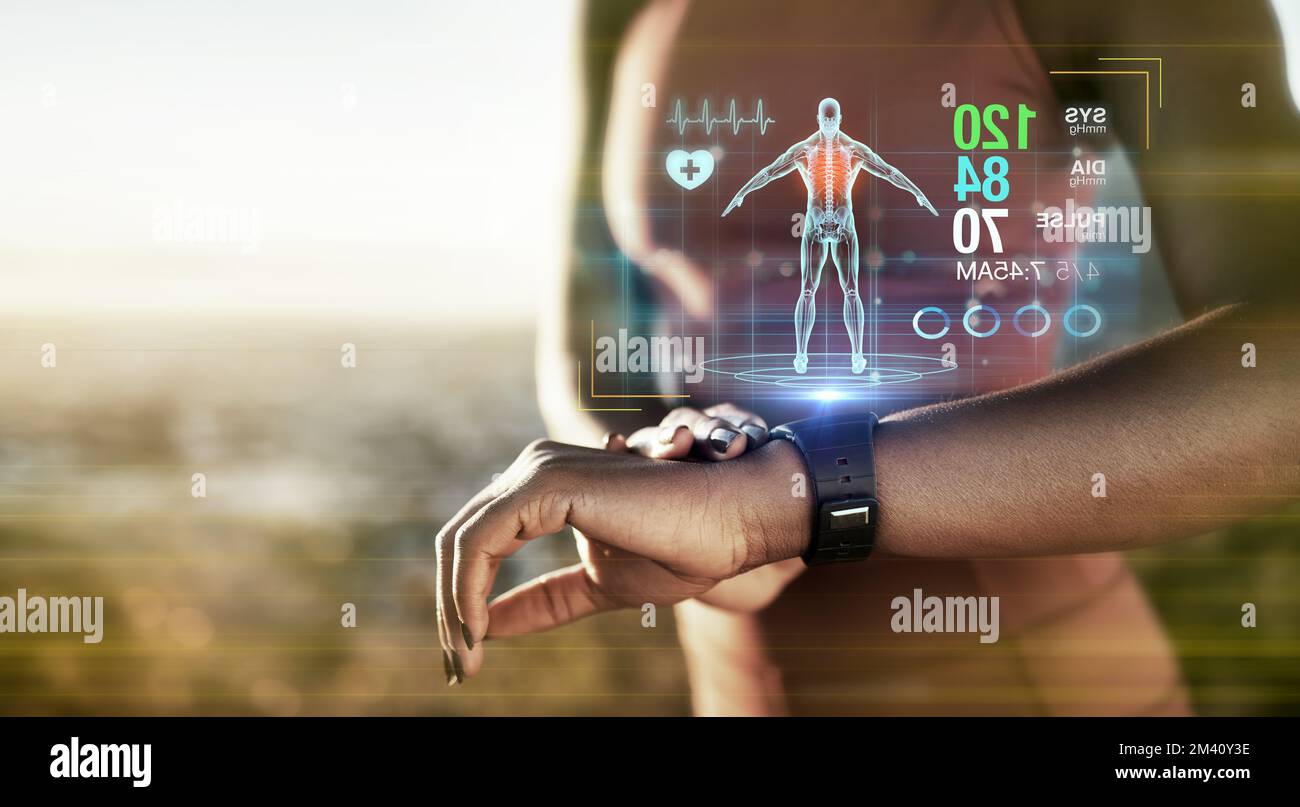 Fitness hands, smart watch or future data on healthcare workout, body training or exercise heart rate in sunset nature. Runner zoom, sports or black Stock Photo