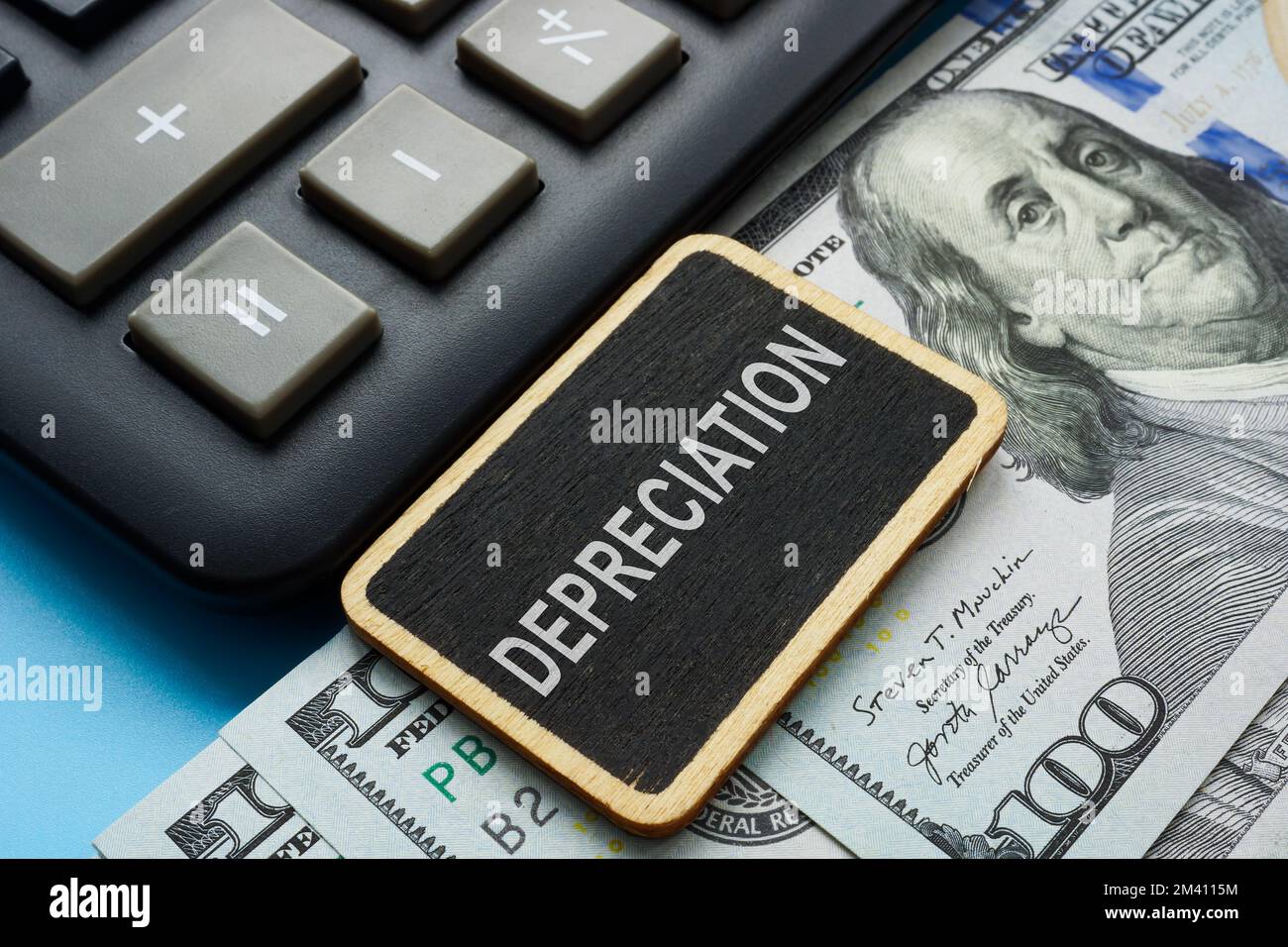 Plate with sign depreciation on the cash. Stock Photo