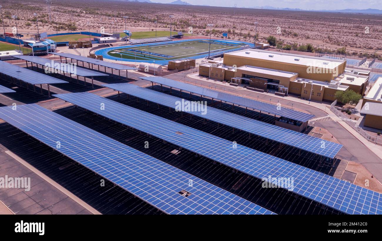 A bird's eye view of solar panels and Community Center in Goodyear