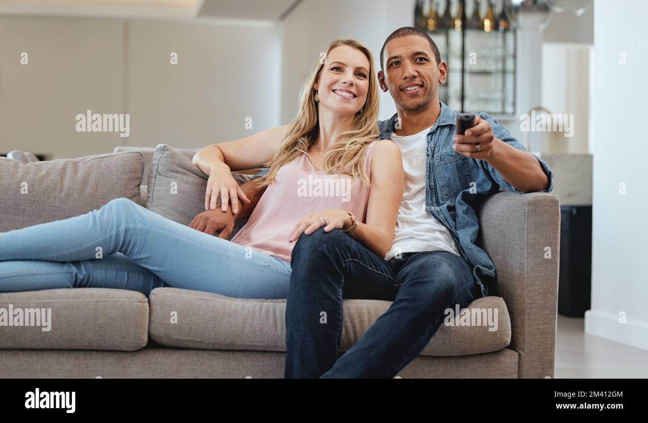 Mature couple, living room and watching tv, news and movie, cable show