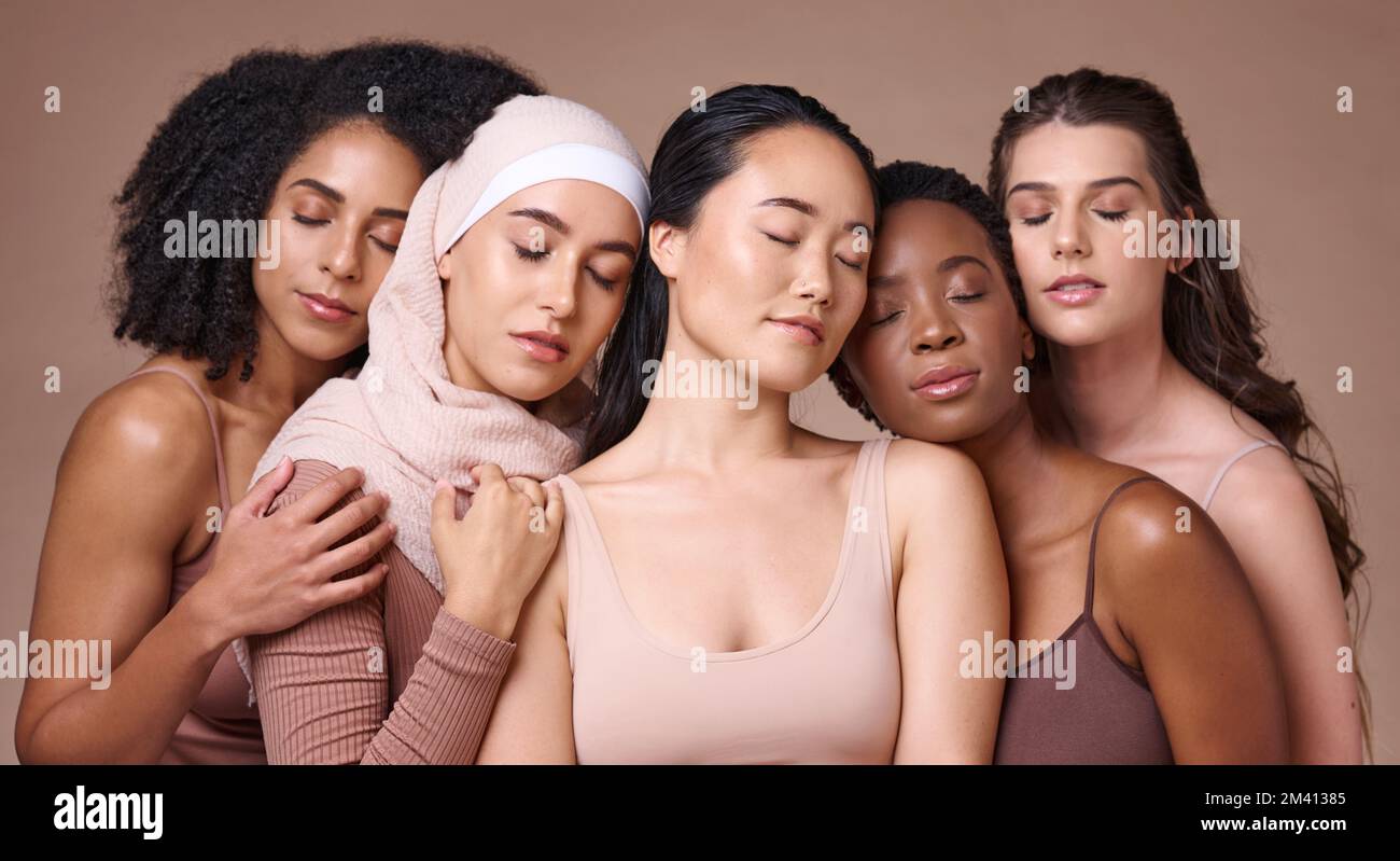 Women, diversity and relax global model group feeling calm about skincare, beauty and skin glow. Cosmetic, facial and dermatology wellness of models Stock Photo