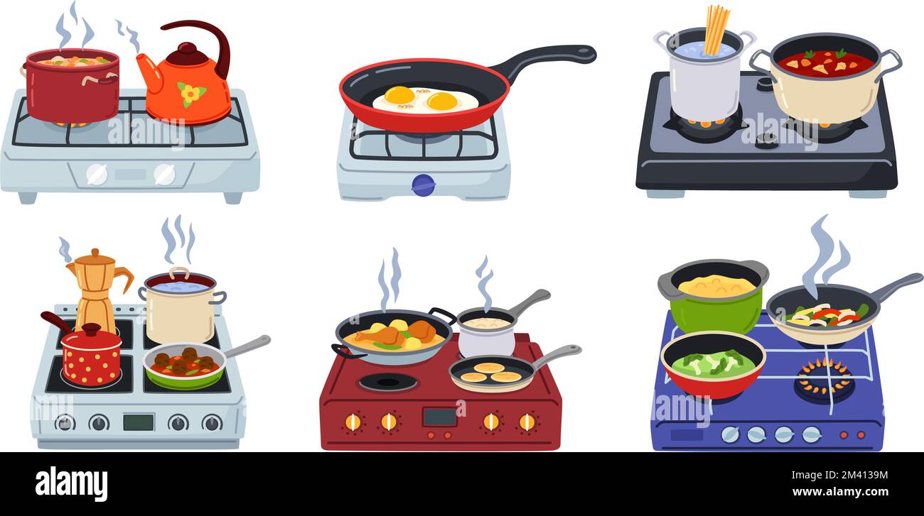 Cooking utensils on stoves. Food cooking on kitchen electric hob, pans and pots on gas stove cartoon vector set Stock Vector