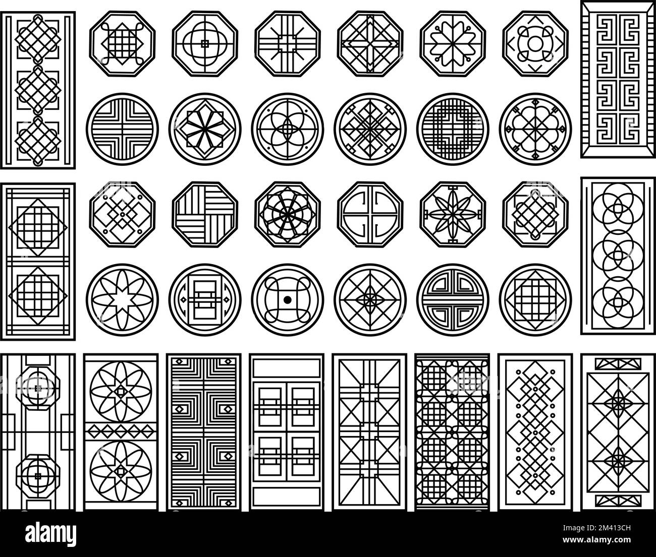 Traditional korean window pattern. Circle ornament, rectangular geometric cutter decor and asian graphic design element vector set Stock Vector
