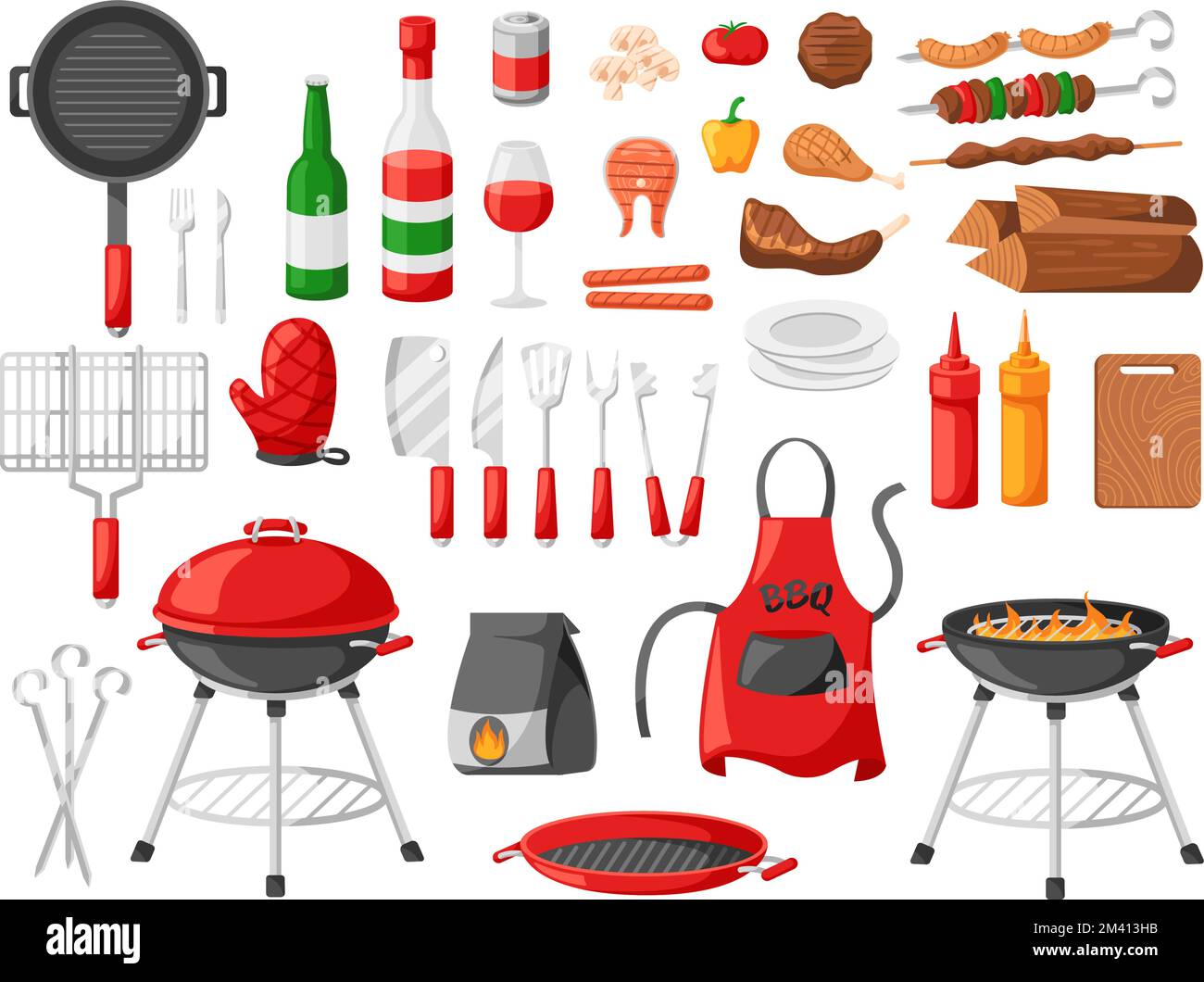 Bbq elements. Grill cooking tools for barbecue summer party, roasted on  fire meat food cartoon vector set Stock Vector Image & Art - Alamy