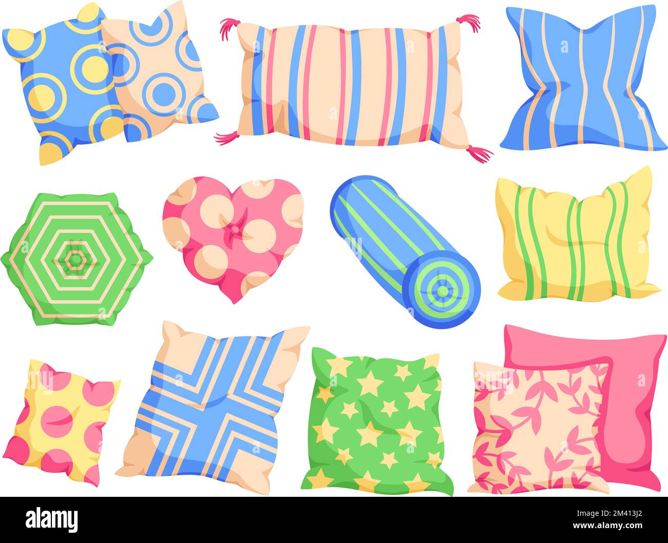 Cartoon cushion. Comfy pillow for bed and couch, bedroom textile and different shape pillows vector set Stock Vector