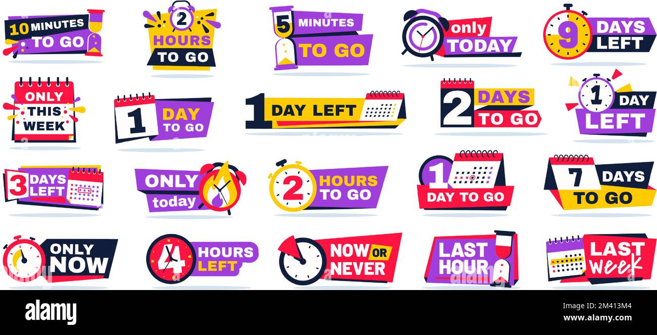 Countdown timer badges. Minutes clock, hours tag and days to go, time