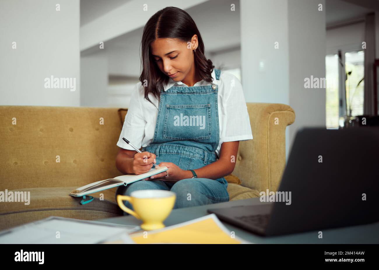 Girl, student and writing in notebook on sofa for college exam preparation in home lounge. Education, knowledge and notes of university learner Stock Photo