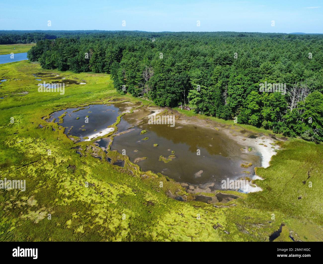 An aerial view of a lake in the green field Stock Photo - Alamy